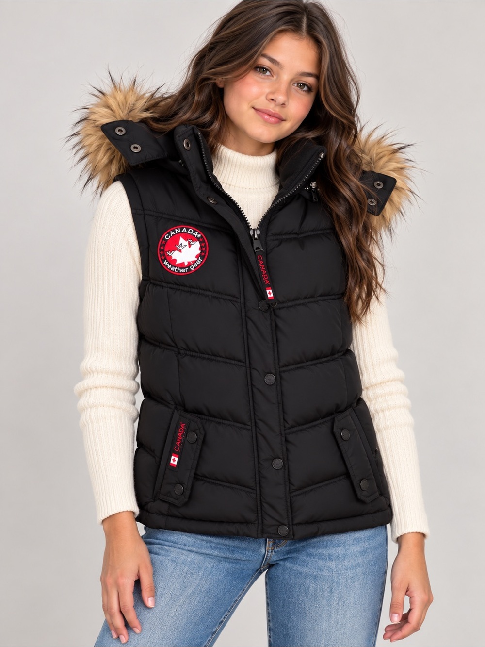 Canada Weather Gear Discontinued Insulated Puffer Vest with Faux Fur Hood Black